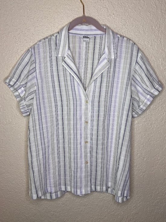 Eddie Bauer Tops - Eddie Bauer White Blue Gray Striped Short Sleeve Camp Top Women's Size L